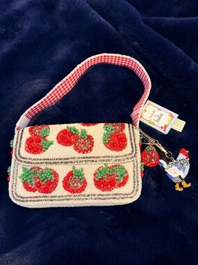 Beaded Tomato Shoulder Bag with Gingham Strap